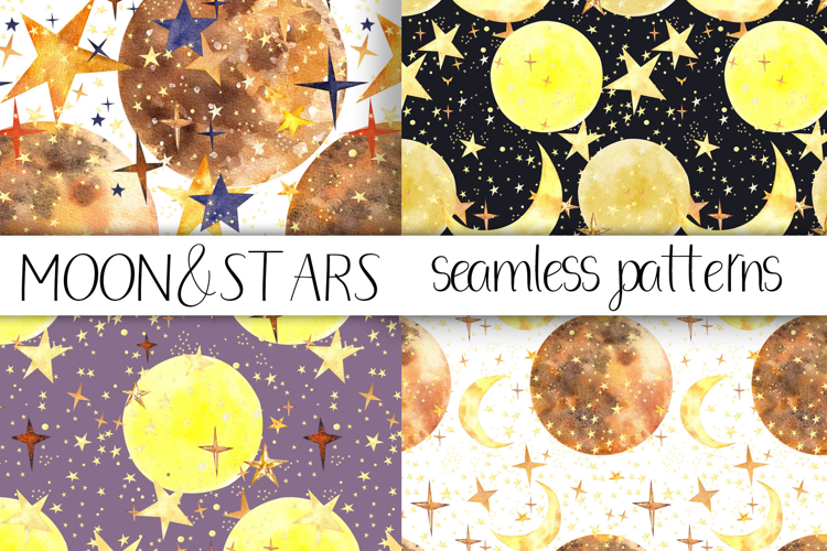Watercolor Moon and Stars Seamless Patterns
