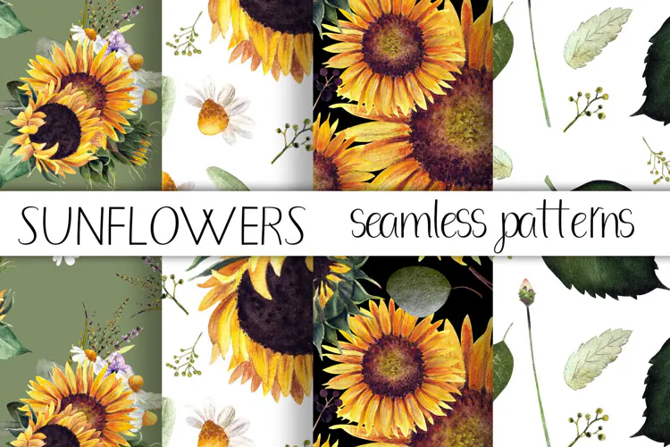 Watercolor sunflower digital paper. Seamless pattern