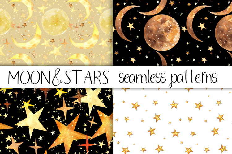 Watercolor Moon and Stars Seamless Patterns