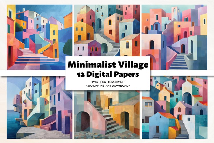 Minimalist Village Digital Paper Pack, 12 PNG and JPEG example image 1