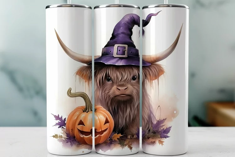 Halloween Sublimation Tumbler Wrap Purple Highland Cow