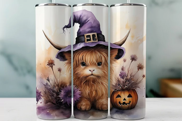 Halloween Sublimation Tumbler Wrap Purple Highland Cow