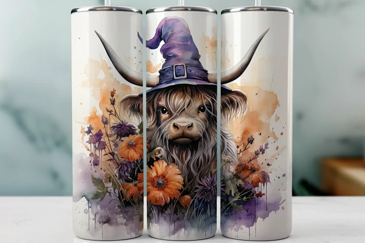 Halloween Sublimation Tumbler Wrap Purple Highland Cow