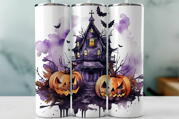 Halloween Tumbler Wrap Haunted House Sublimation Design