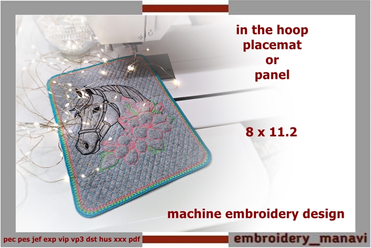 Horse Head in Flowers ITH Quilted Placemat or panels Design