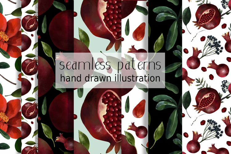 Hand Painted Pomegranate Seamless Pattern Collection