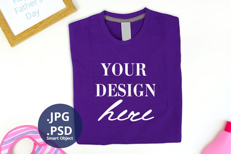 Fathers Day Purple T-shirt Mockup, Folded Tshirt Mockup PSD