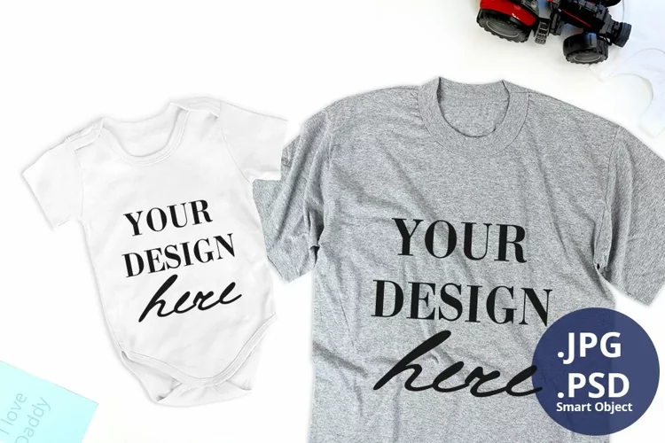 Dad Gray T-shirt & Baby bodysuit Mockup PSD Father's Day