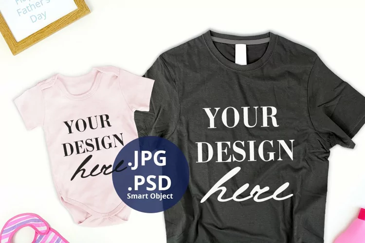 Baby Girl Pink Bodysuit & Dark Gray T-shirt Mockup, PSD JPG
