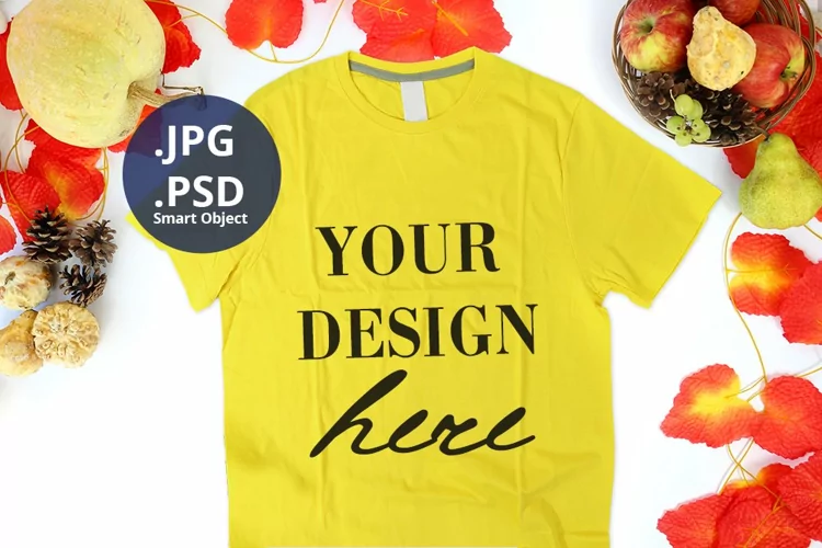 Yellow T-shirt mockup Autumn & Thanksgiving, Fall mockup PSD