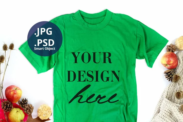 Fall & Thanksgiving Green T-shirt mockup, Autumn mockup PSD