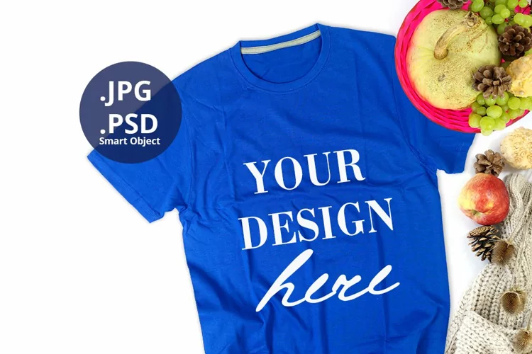 Fall & Thanksgiving Blue T-shirt mockup, Autumn mockup PSD