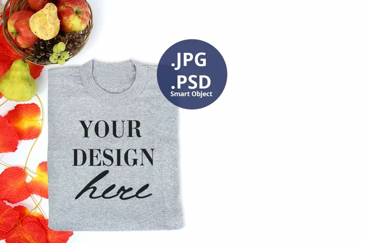Gray folded T-shirt mockup Autumn Thanksgiving, Fall mockup