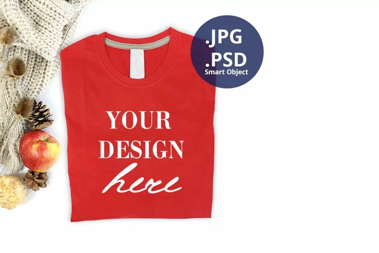 Red T-shirt mockup Fall Autumn Thanksgiving, folded T-shirt