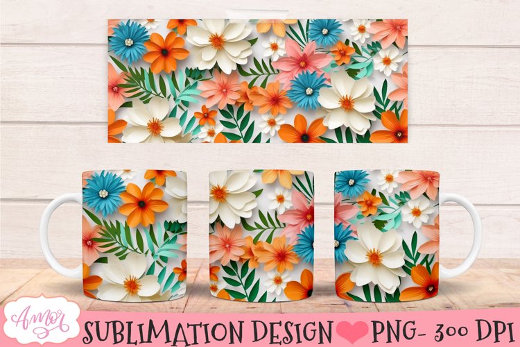 3D floral mug wrap design for sublimation | paper flowers