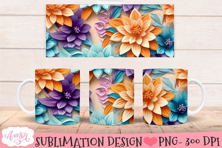 3D floral mug wrap design for sublimation | paper flowers