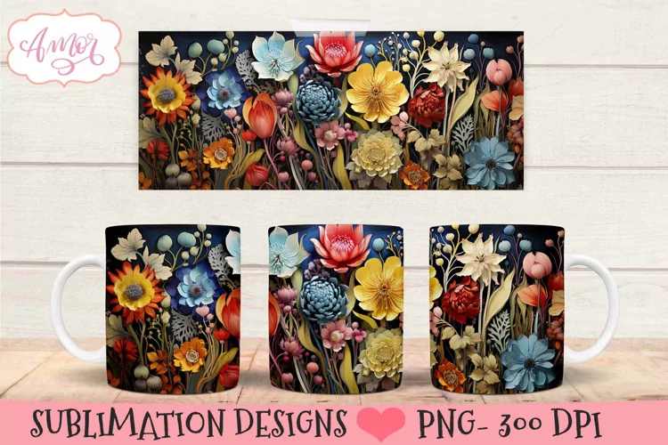 3D floral mug wrap design for sublimation | paper flowers