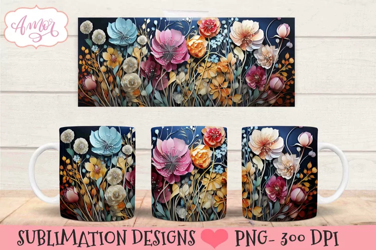 3D floral mug wrap design for sublimation | paper flowers
