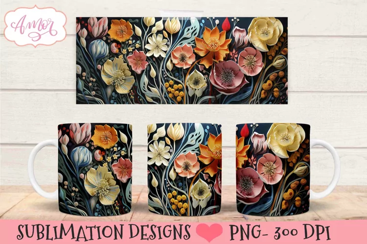3D floral mug wrap design for sublimation | paper flowers