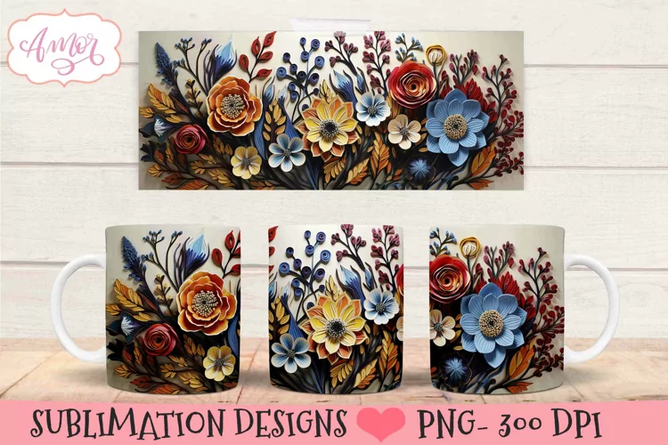 3D floral mug wrap design for sublimation | paper flowers