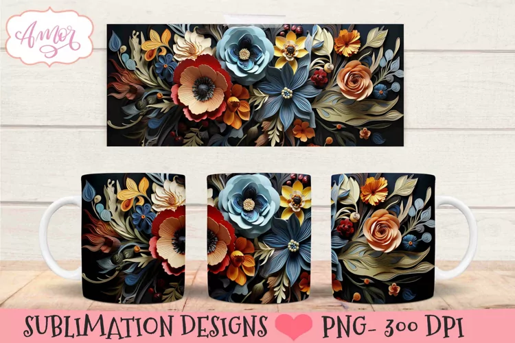 3D floral mug wrap design for sublimation | paper flowers