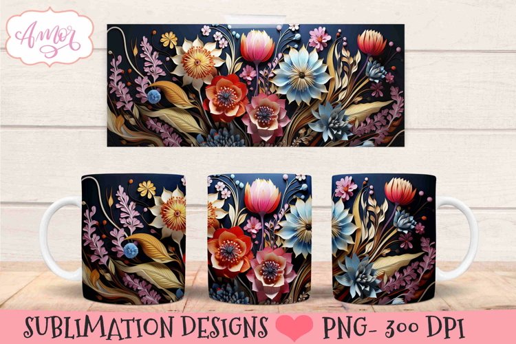 3D floral mug wrap design for sublimation | paper flowers