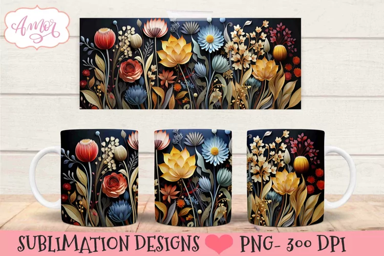 3D floral mug wrap design for sublimation | paper flowers