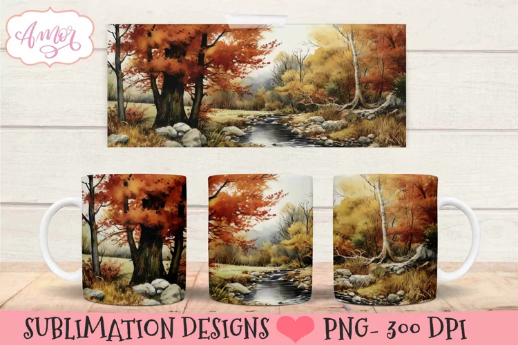 Watercolor fall landscape design for 11oz mug sublimation
