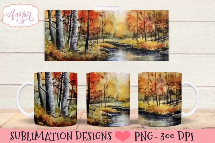 Watercolor forest stream mug wrap for sublimation