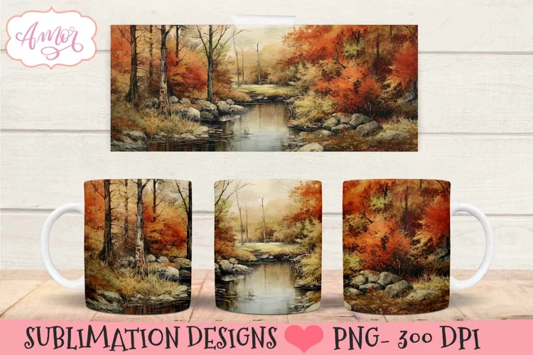 Watercolor forest stream mug wrap for sublimation