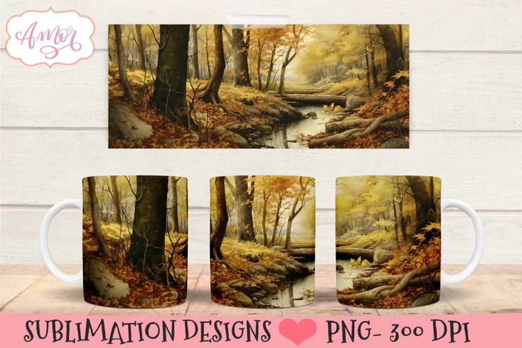 Watercolor forest stream mug wrap for sublimation