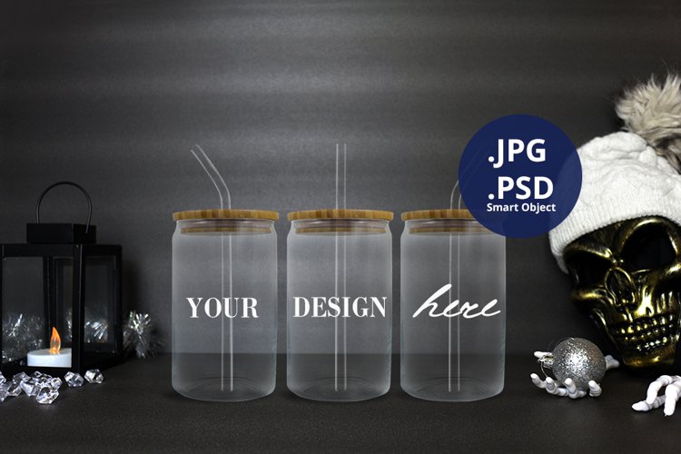 Scary Christmas can glass mockup Full wrap, 3 glass cans PSD example image 1