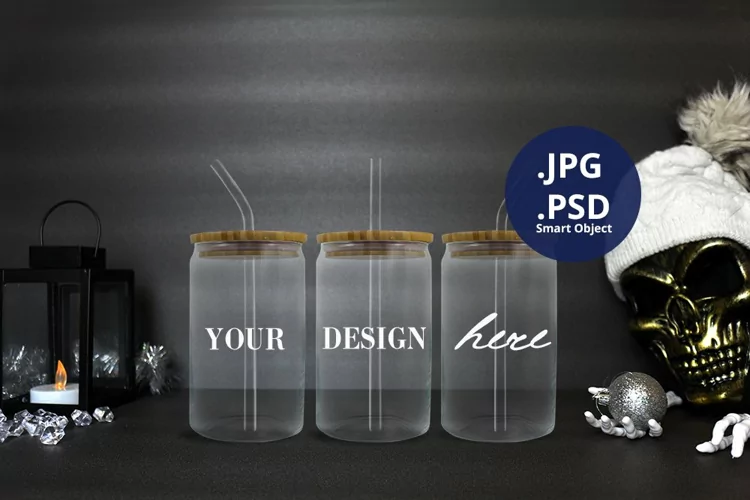Scary Christmas can glass mockup Full wrap, 3 glass cans PSD