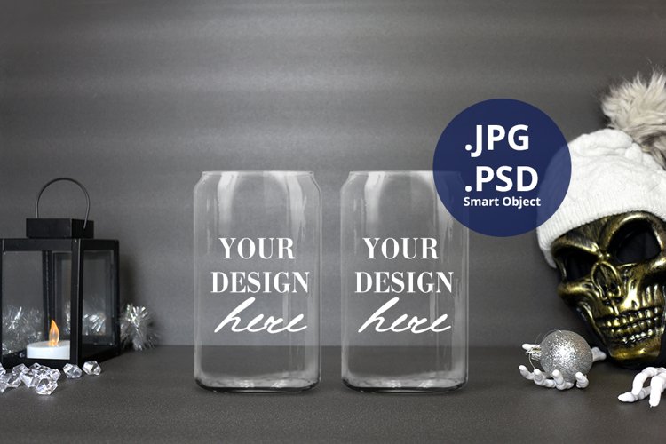 2 two glass cans mockup Scary Christmas, Libbey can glass example image 1
