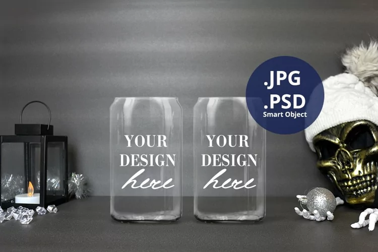 2 two glass cans mockup Scary Christmas, Libbey can glass