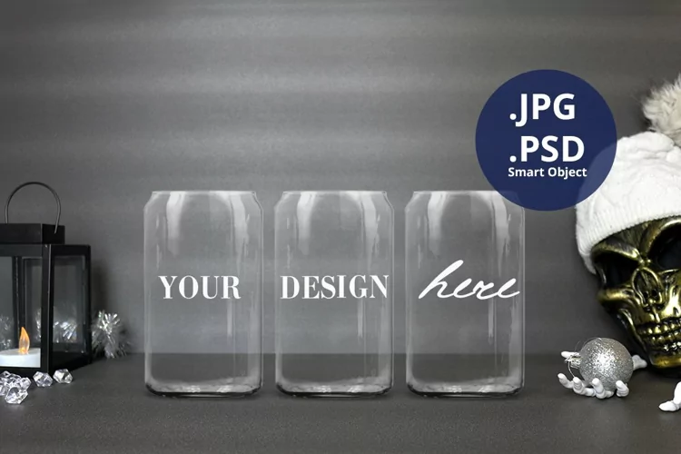 Scary Christmas Full wrap can glass mockup no lids, PSD mock