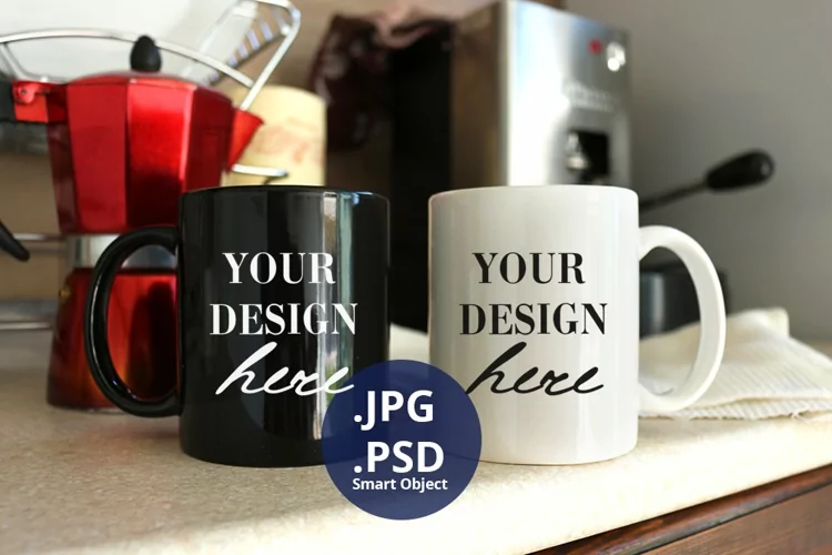 Black & White Mugs mockup PSD, Kitchen background PSD & JPG