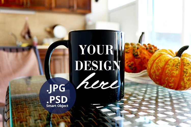 11oz Black Mug Halloween mockup PSD, Autumn background PSD