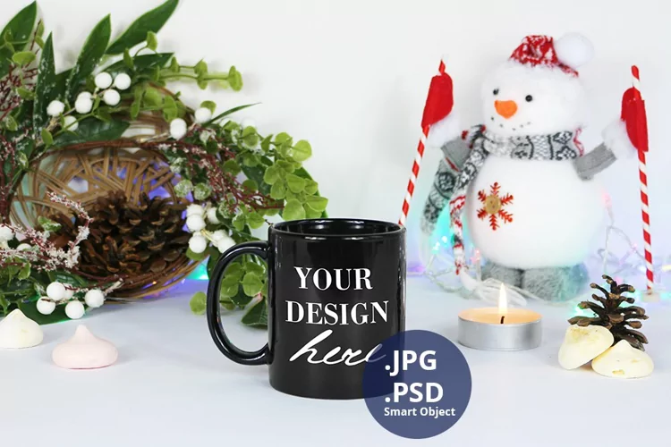 Coffee mug Christmas Mockup PSD, JPG black mug 11 oz