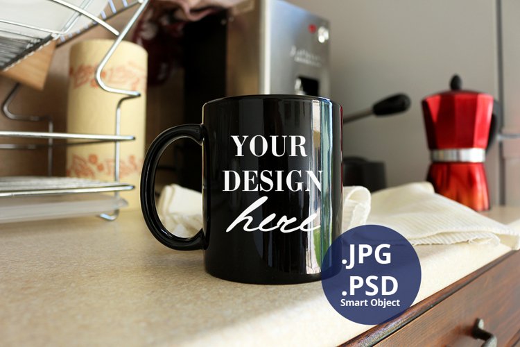 Black Mug mockup PSD, Kitchen background PSD & JPG example image 1