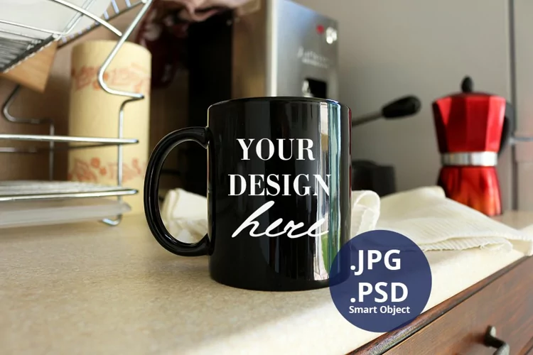 Black Mug mockup PSD, Kitchen background PSD & JPG