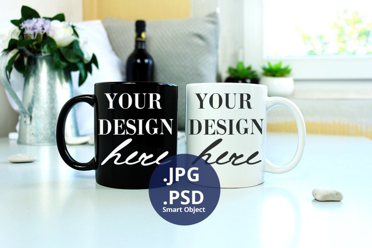 11oz White & Black Mug mockup PSD, Neutral background JPG example image 1