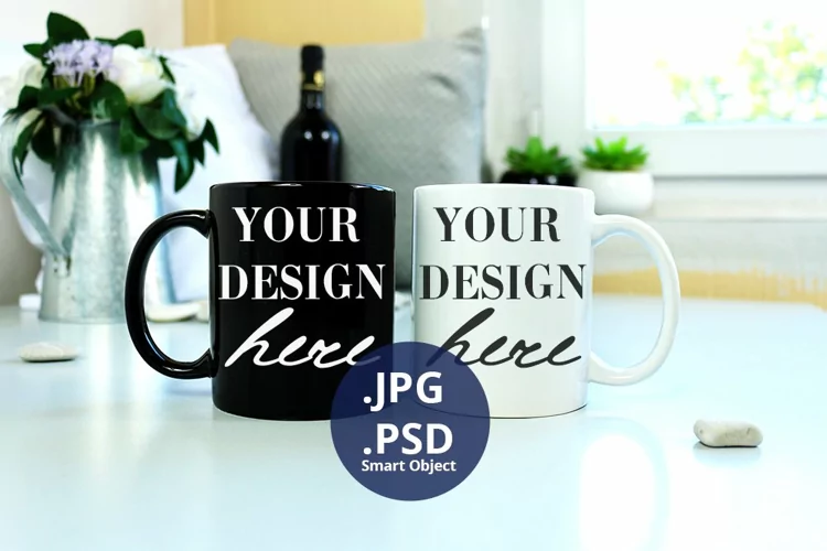 11oz White & Black Mug mockup PSD, Neutral background JPG