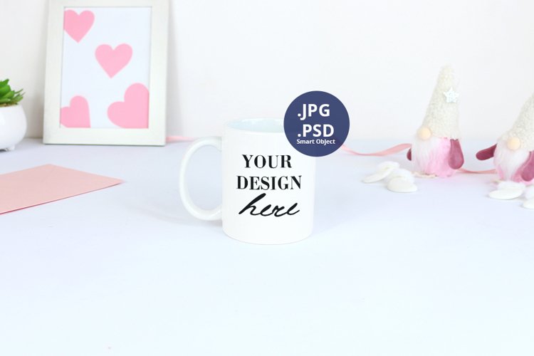 White Mug 11 oz Valentine's day Mockup, PSD Mockup example image 1