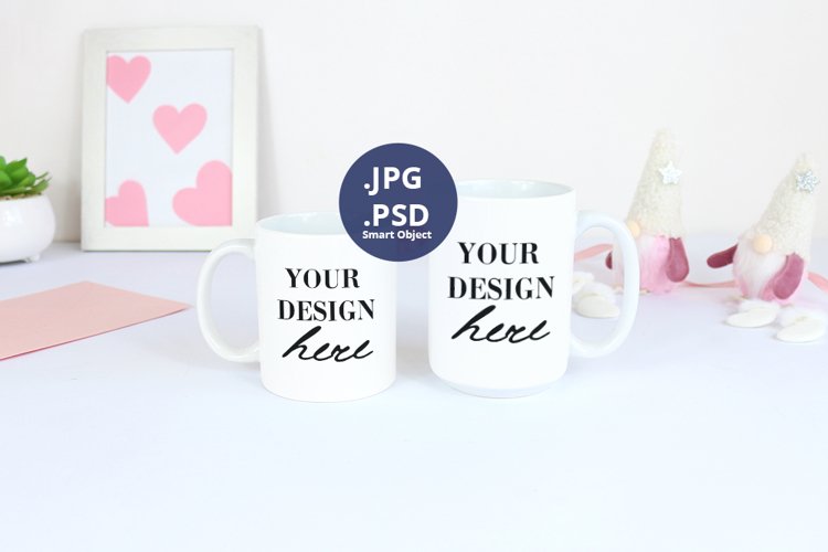 Two White Mugs Valentine's day Mockup, PSD Mockup JPG example image 1