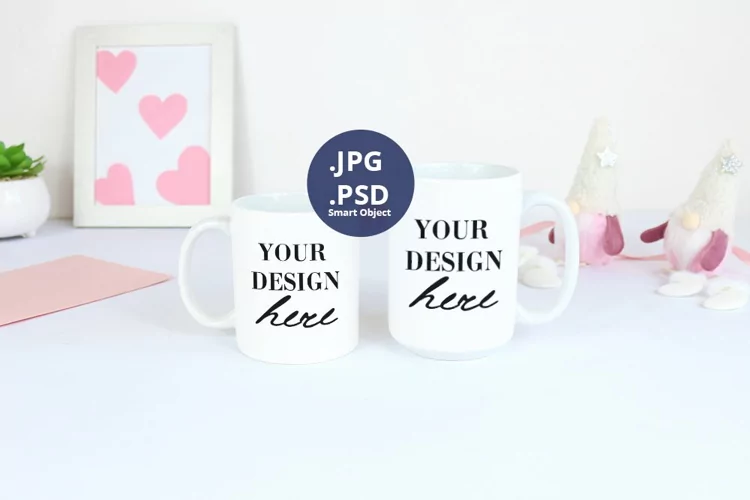 Two White Mugs Valentine's day Mockup, PSD Mockup JPG