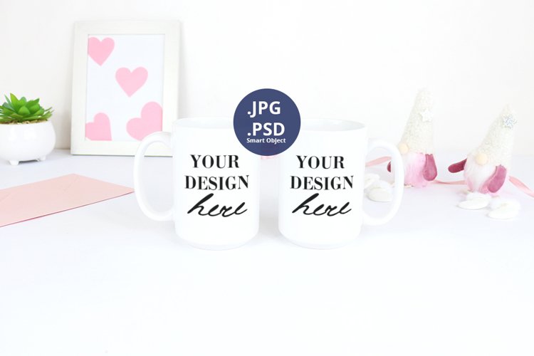 Two White Mugs 15oz Valentine's day Mockup, PSD Mockup JPG example image 1