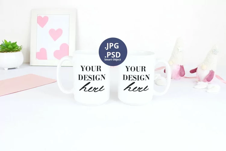 Two White Mugs 15oz Valentine's day Mockup, PSD Mockup JPG