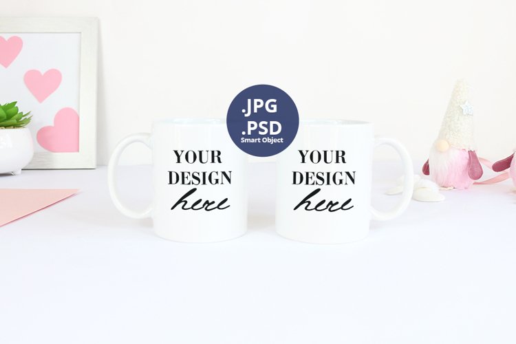 Two White Mugs 11oz Valentine's day Mockup, PSD Mockup JPG example image 1