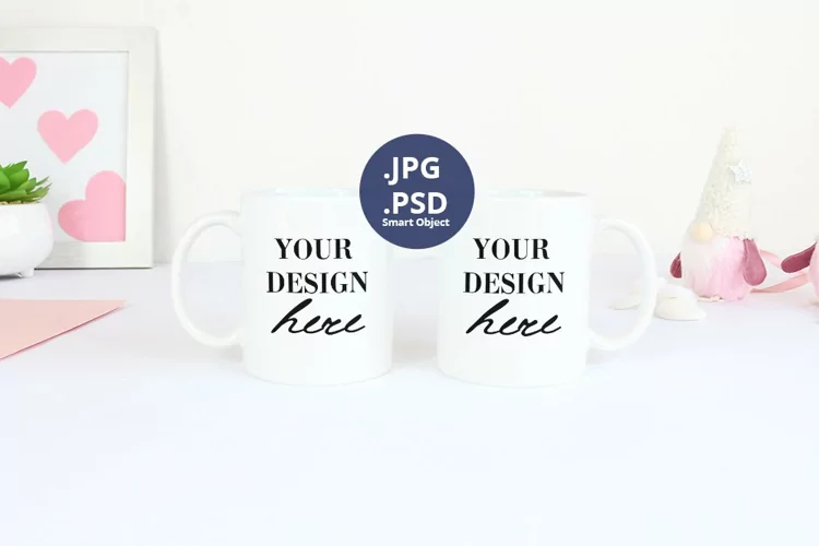 Two White Mugs 11oz Valentine's day Mockup, PSD Mockup JPG